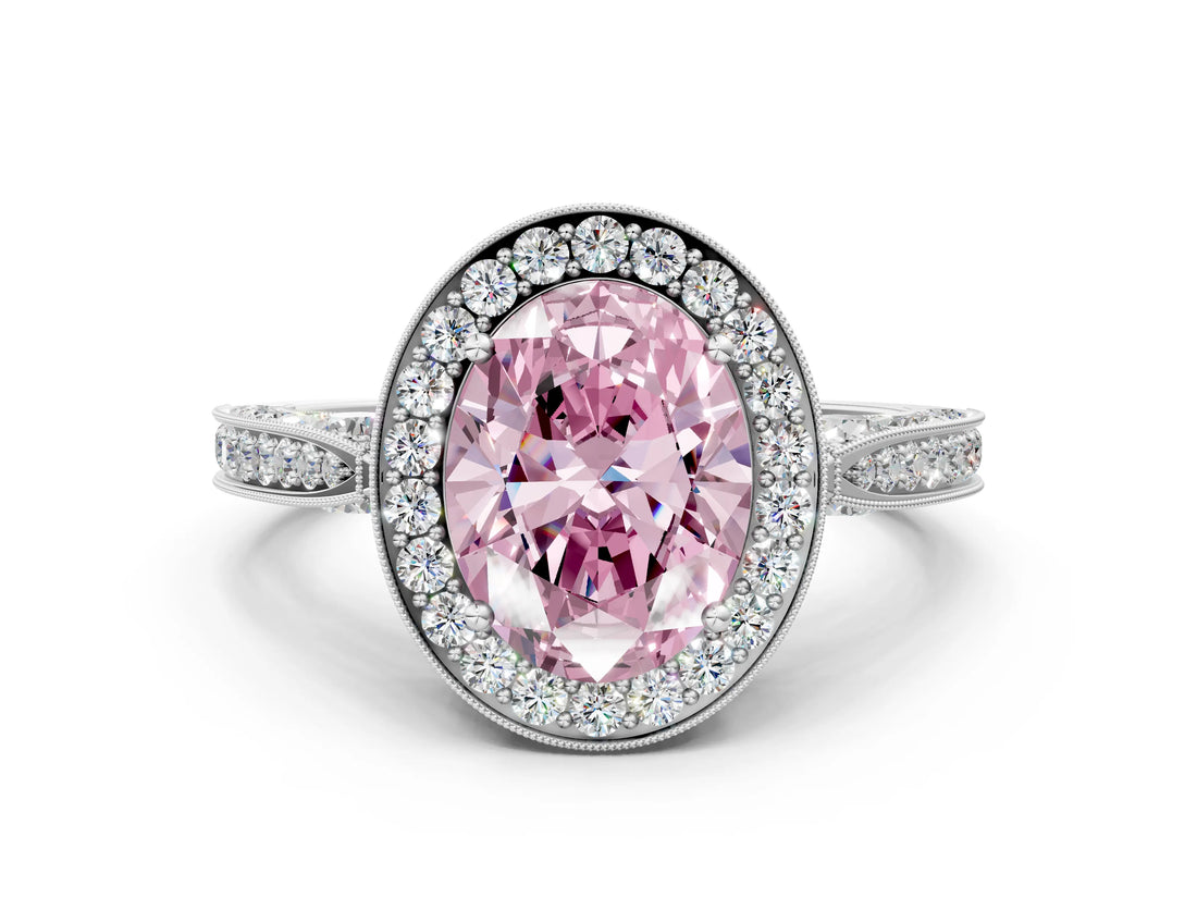 White gold Fancy Pink Oval Cut Halo Diamond Engagement Ring with Split Shank Band and Four-Prong Setting_12