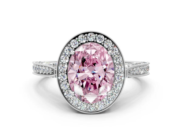 Platinum Fancy Pink Oval Cut Halo Diamond Engagement Ring with Split Shank Band and Four-Prong Setting