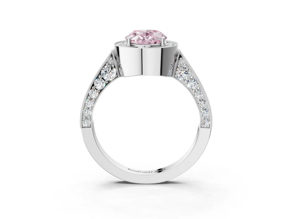 Platinum Fancy Pink Oval Cut Halo Diamond Engagement Ring with Split Shank Band and Four-Prong Setting