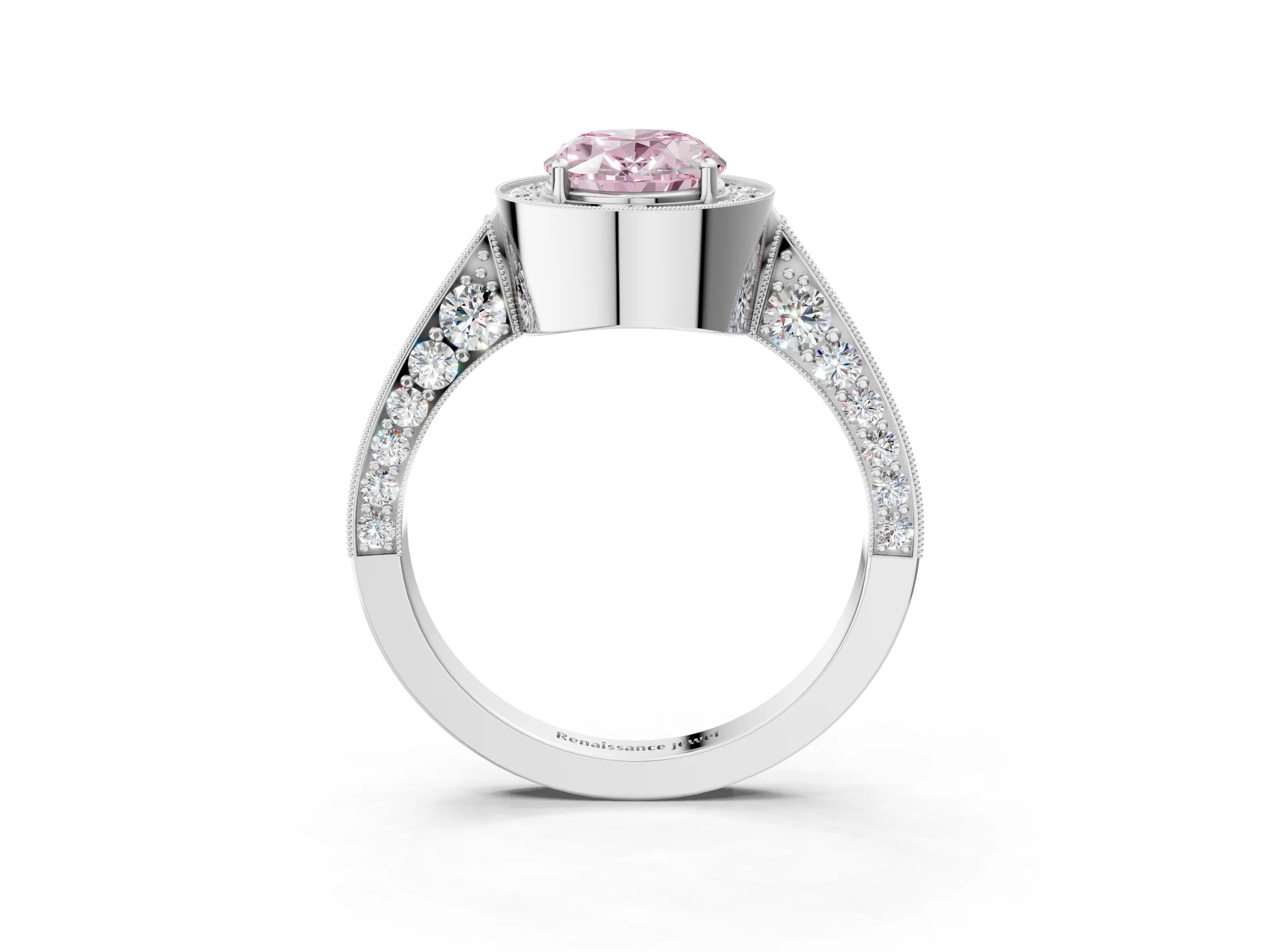 White gold Fancy Pink Oval Cut Halo Diamond Engagement Ring with Split Shank Band and Four-Prong Setting_15