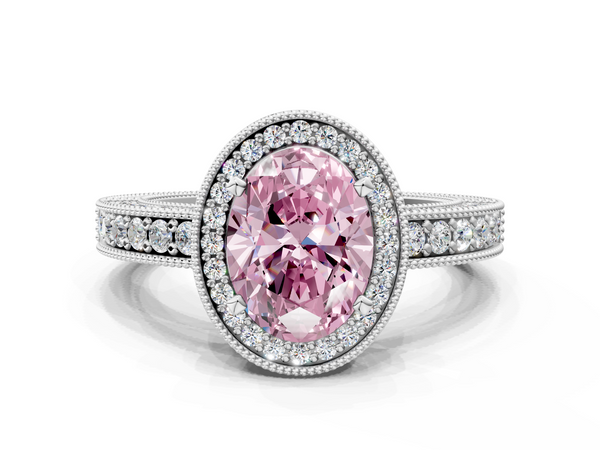 Platinum Fancy Pink Oval  Cut Halo Diamond Pave Band Ring with Four-Prong Setting