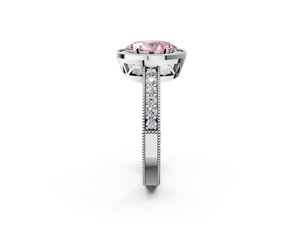 Platinum Fancy Pink Oval  Cut Halo Diamond Pave Band Ring with Four-Prong Setting