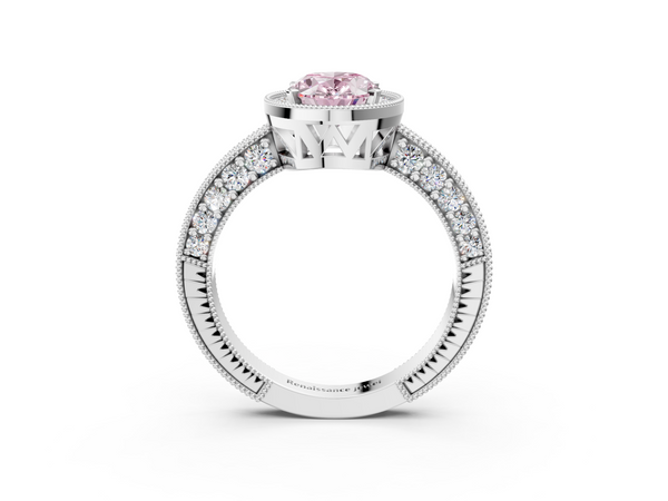 Platinum Fancy Pink Oval  Cut Halo Diamond Pave Band Ring with Four-Prong Setting