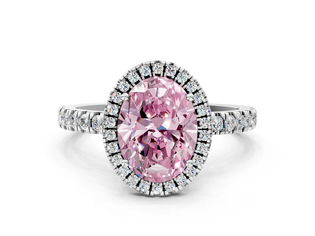 White gold Fancy Pink Oval Cut Halo Diamond Pave Band with Prong Setting_12