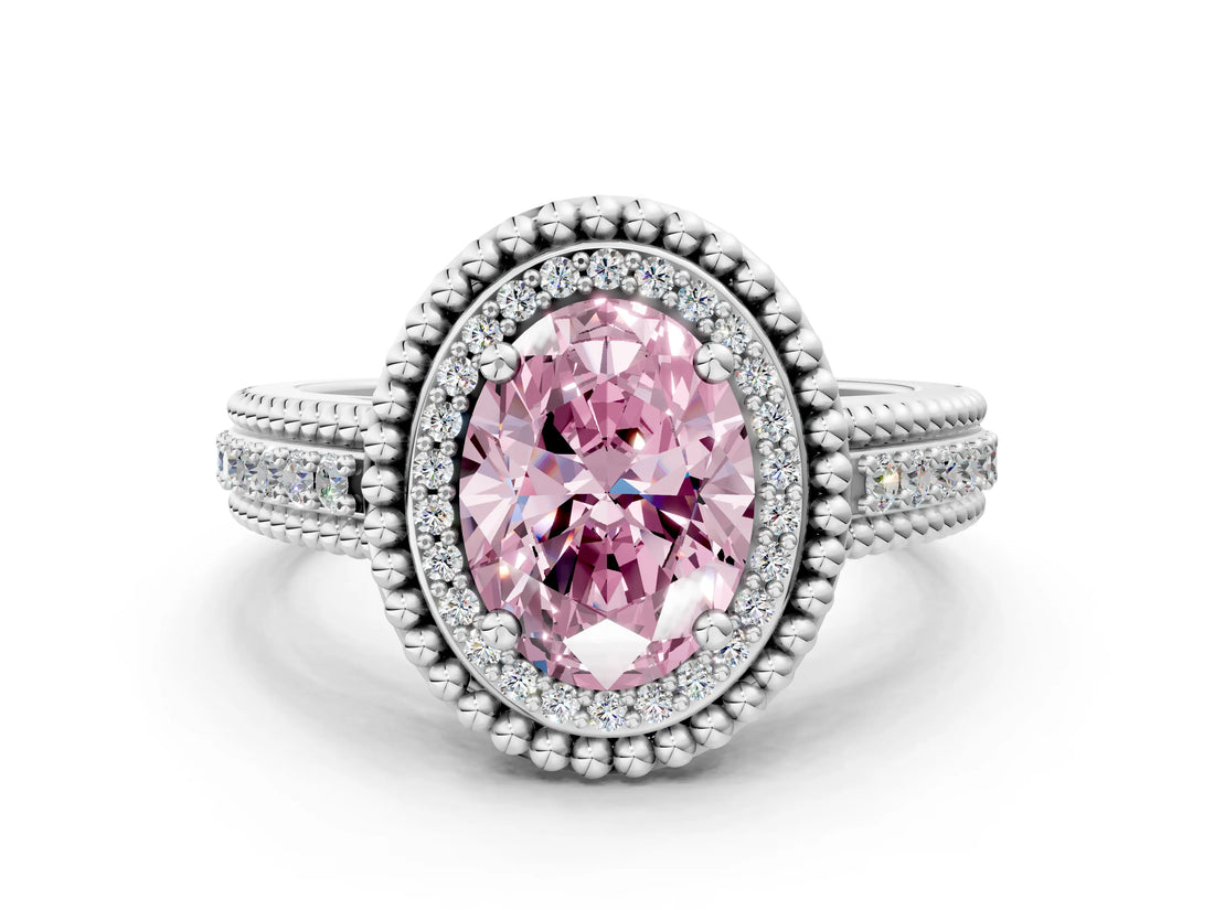 White gold Fancy Pink Oval Cut Halo Diamond Ring with Beaded Split Shank and Four-Prong Setting