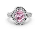 White gold Fancy Pink Oval Cut Halo Diamond Ring with Beaded Split Shank and Four-Prong Setting