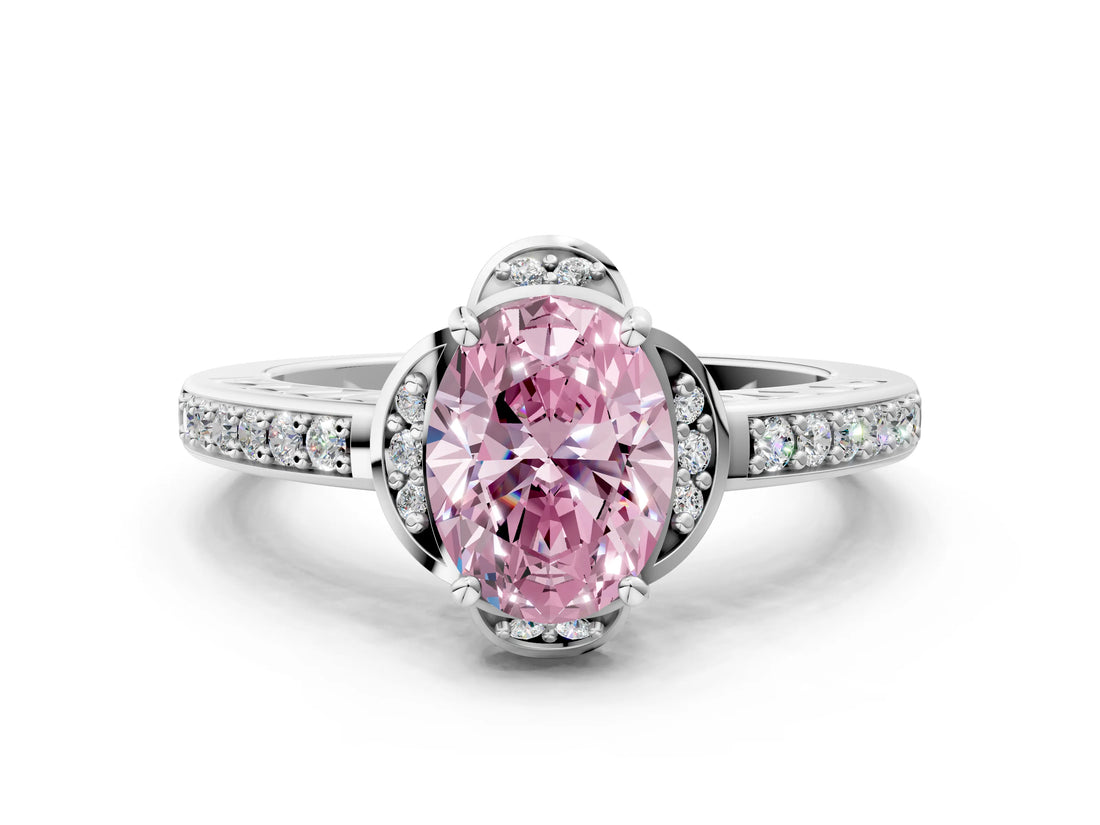 White gold Fancy Pink Oval  Cut Halo Diamond Ring with Channel Set Band and Four-Prong Setting_32