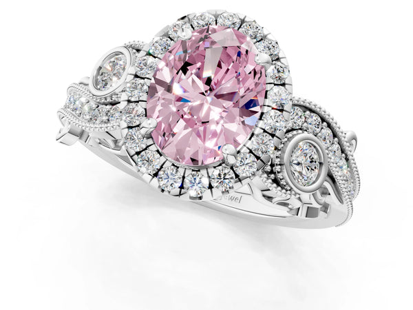 White gold Fancy Pink Oval Cut Halo Diamond Ring with Milgrain and Bezel Accents on a Split Shank Band