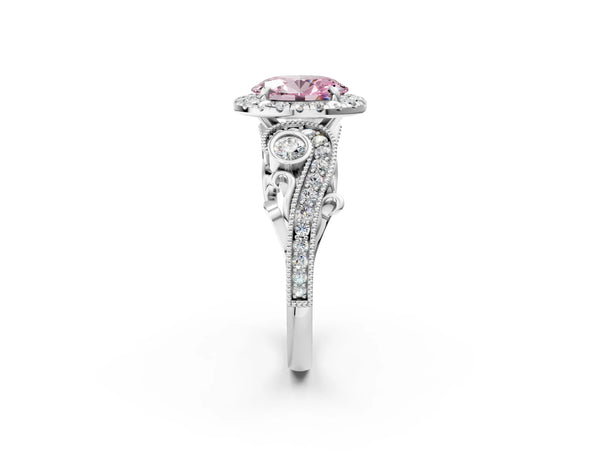 White gold Fancy Pink Oval Cut Halo Diamond Ring with Milgrain and Bezel Accents on a Split Shank Band