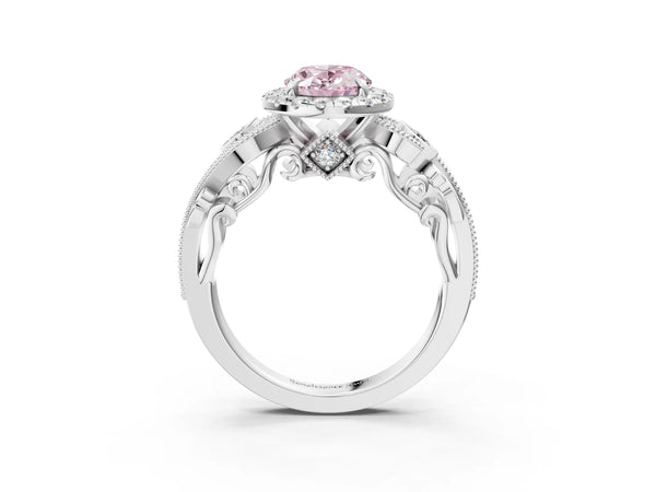White gold Fancy Pink Oval Cut Halo Diamond Ring with Milgrain and Bezel Accents on a Split Shank Band