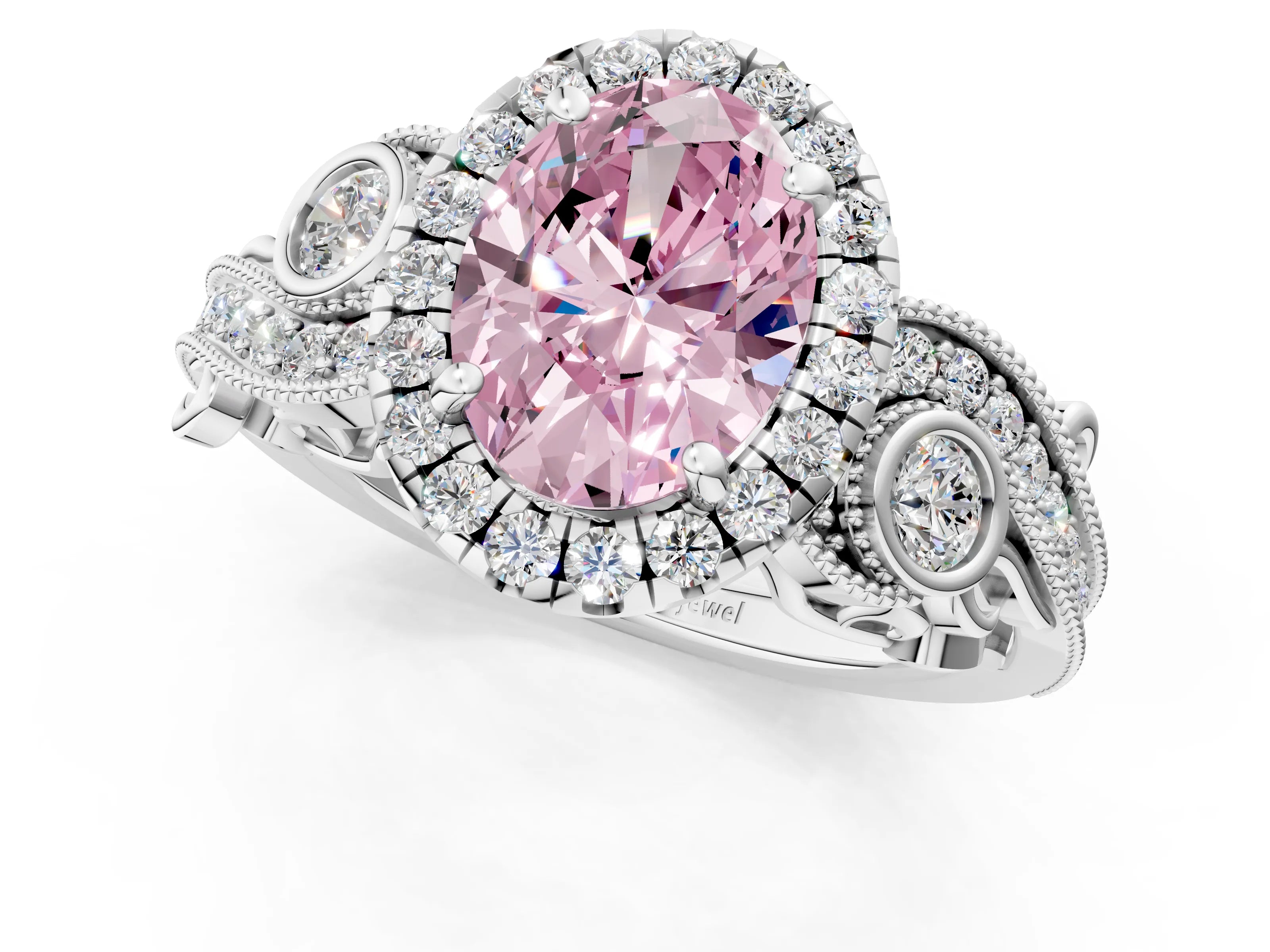 White gold Fancy Pink Oval Cut Halo Diamond Ring with Milgrain and Bezel Accents on a Split Shank Band_1