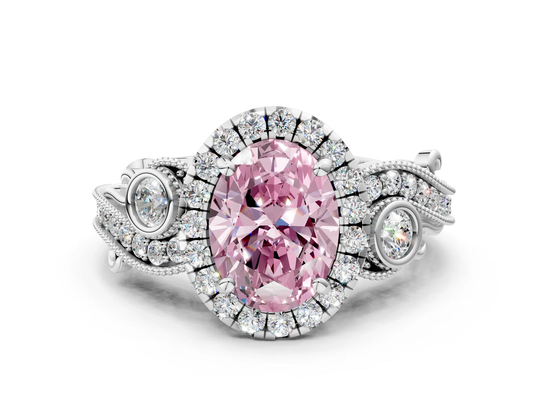 White gold Fancy Pink Oval Cut Halo Diamond Ring with Milgrain and Bezel Accents on a Split Shank Band_24