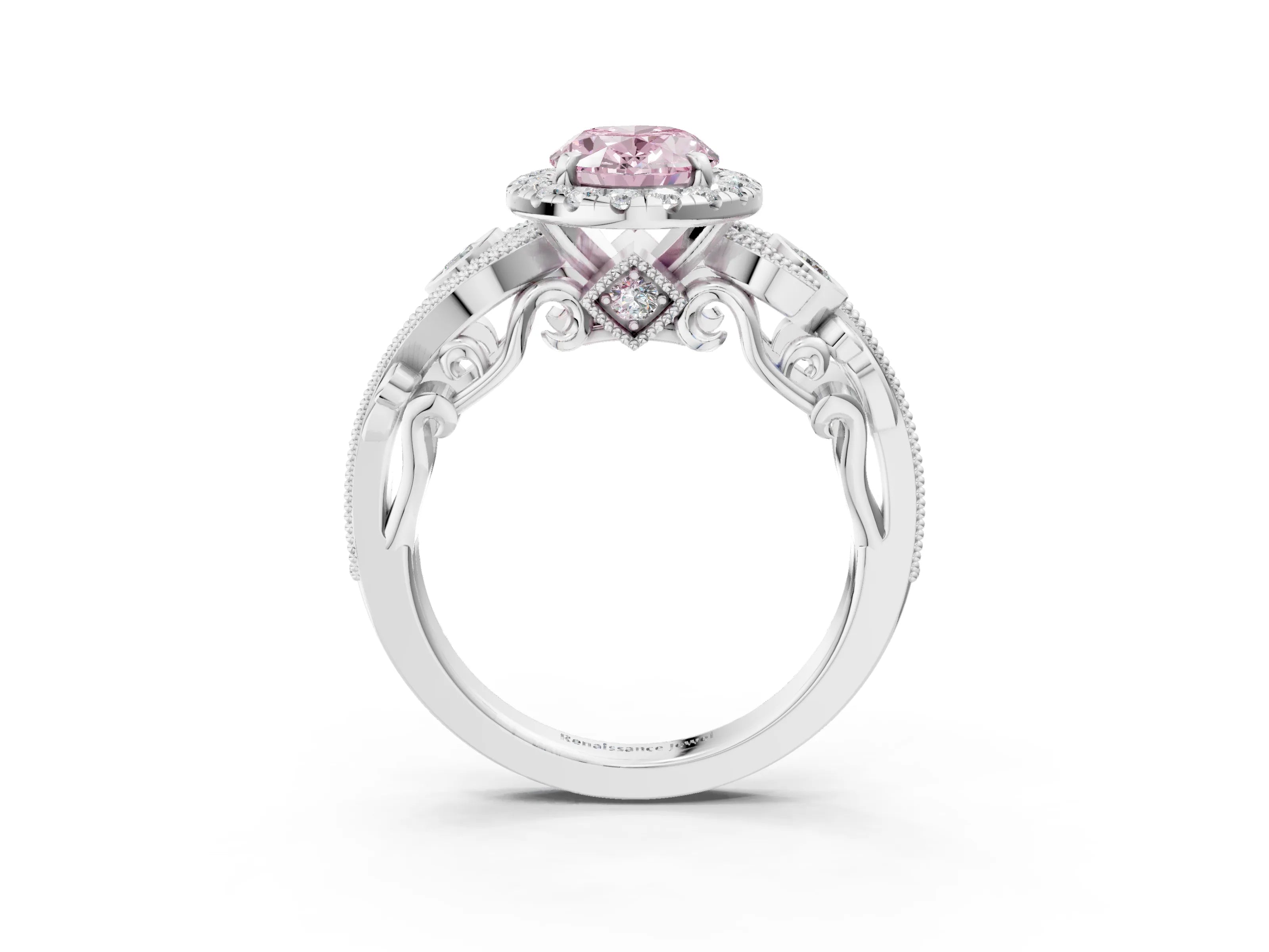 White gold Fancy Pink Oval Cut Halo Diamond Ring with Milgrain and Bezel Accents on a Split Shank Band_3