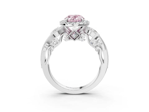 White gold Fancy Pink Oval Cut Halo Diamond Ring with Milgrain and Bezel Accents on a Split Shank Band_3
