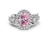 White gold Fancy Pink Oval Cut Halo Diamond Ring with Milgrain and Bezel Accents on a Split Shank Band