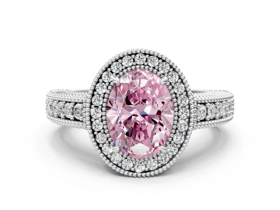 White gold Fancy Pink Oval  Cut Halo Diamond Ring with Pavé Band and Four-Prong Setting_69