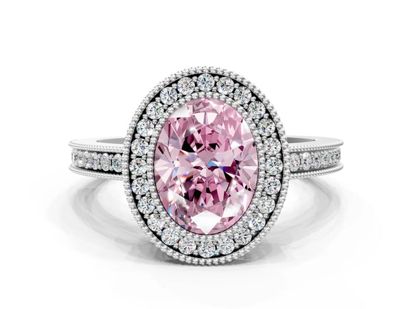 Platinum Fancy Pink Oval  Cut Halo Diamond Ring with Pavé Band and Milgrain Prong Setting
