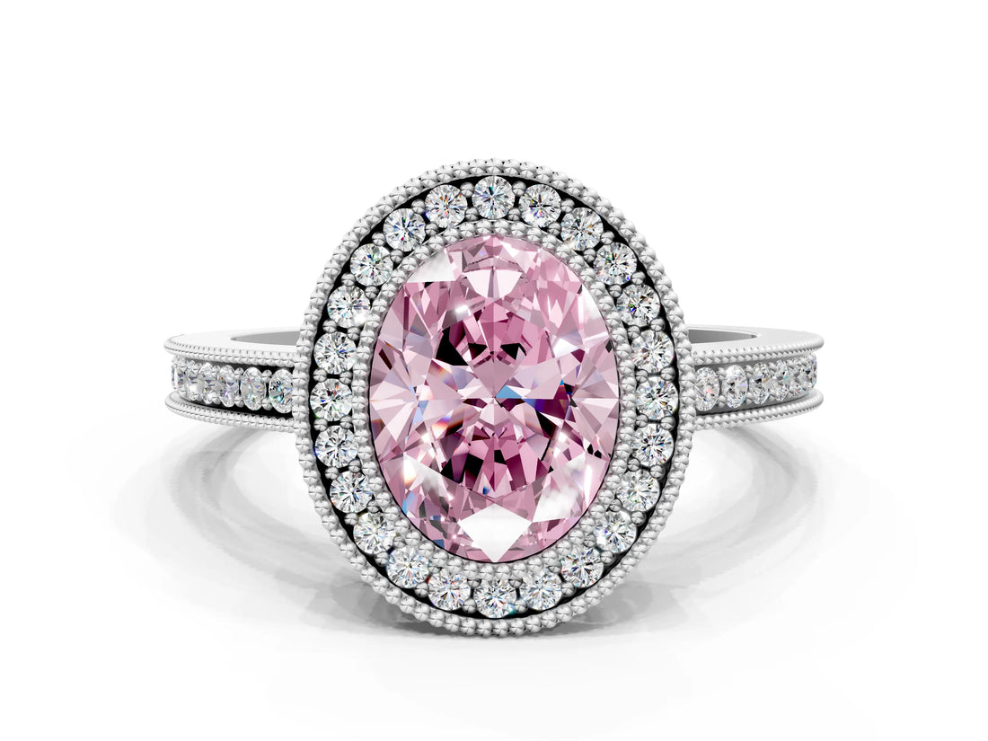 White gold Fancy Pink Oval  Cut Halo Diamond Ring with Pavé Band and Milgrain Prong Setting_32