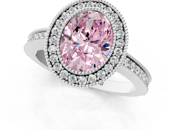 Platinum Fancy Pink Oval  Cut Halo Diamond Ring with Pavé Band and Milgrain Prong Setting