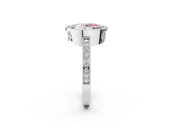 Platinum Fancy Pink Oval  Cut Halo Diamond Ring with Pavé Band and Milgrain Prong Setting