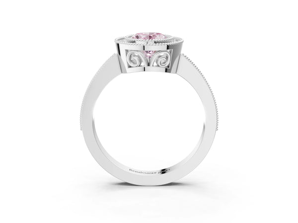 Platinum Fancy Pink Oval  Cut Halo Diamond Ring with Pavé Band and Milgrain Prong Setting