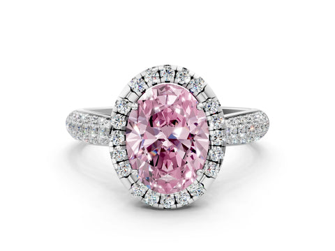White gold Fancy Pink Oval Cut Halo Diamond Ring with Pavé Band