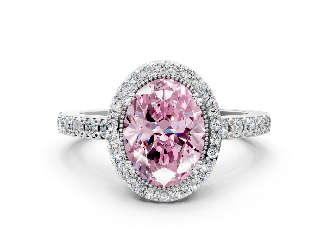 White gold Fancy Pink Oval  Cut Halo Diamond Ring with Pave Band and Four-Prong Setting_24