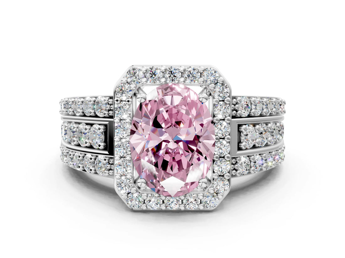 White gold Fancy Pink Oval Cut Halo Diamond Ring with Round  Split Shank and Prong Setting_113