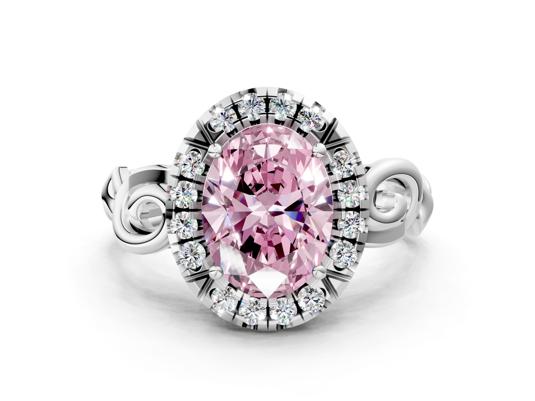 White gold Fancy Pink Oval  Cut Halo Diamond Ring with Scrollwork Band and Four-Prong Setting_122