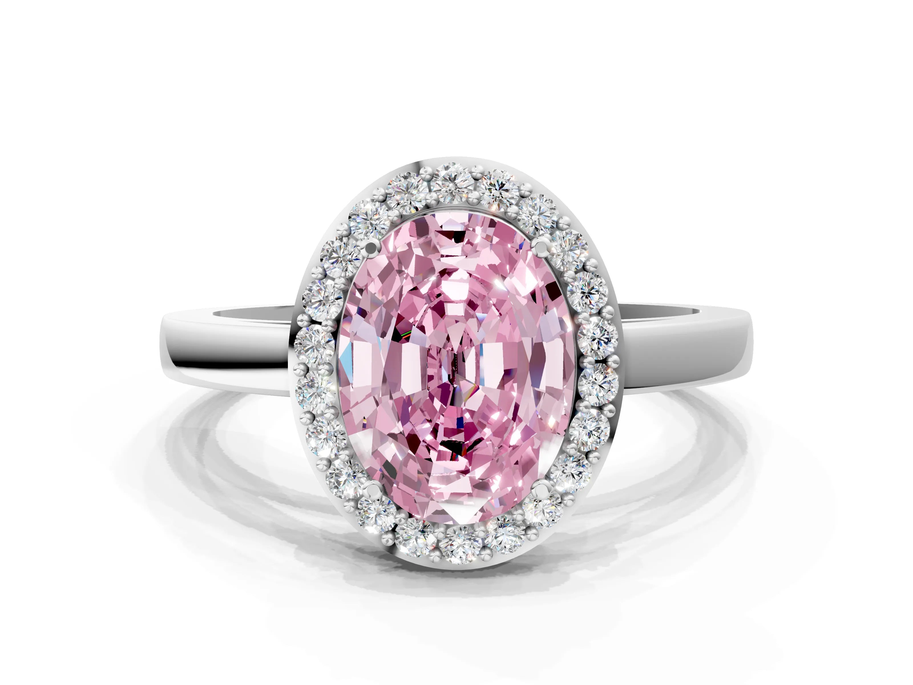 White gold Fancy Pink Oval Cut Halo Diamond Ring with Solitaire Band and Prong Setting