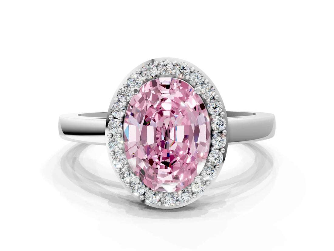 White gold Fancy Pink Oval Cut Halo Diamond Ring with Solitaire Band and Prong Setting