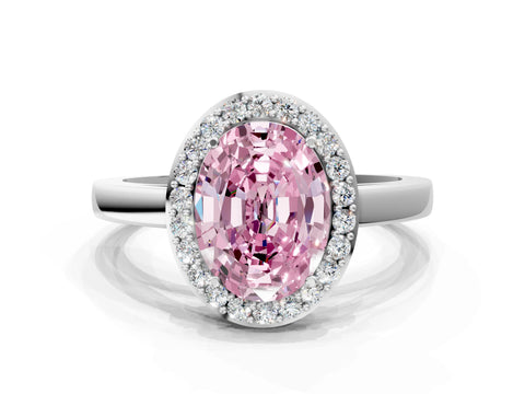 White gold Fancy Pink Oval Cut Halo Diamond Ring with Solitaire Band and Prong Setting