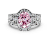 White gold Fancy Pink Oval Cut Halo Diamond Split Shank Ring with Prong Setting