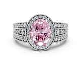 White gold Fancy Pink Oval Cut Halo Diamond Split Shank Ring with Prong Setting_12