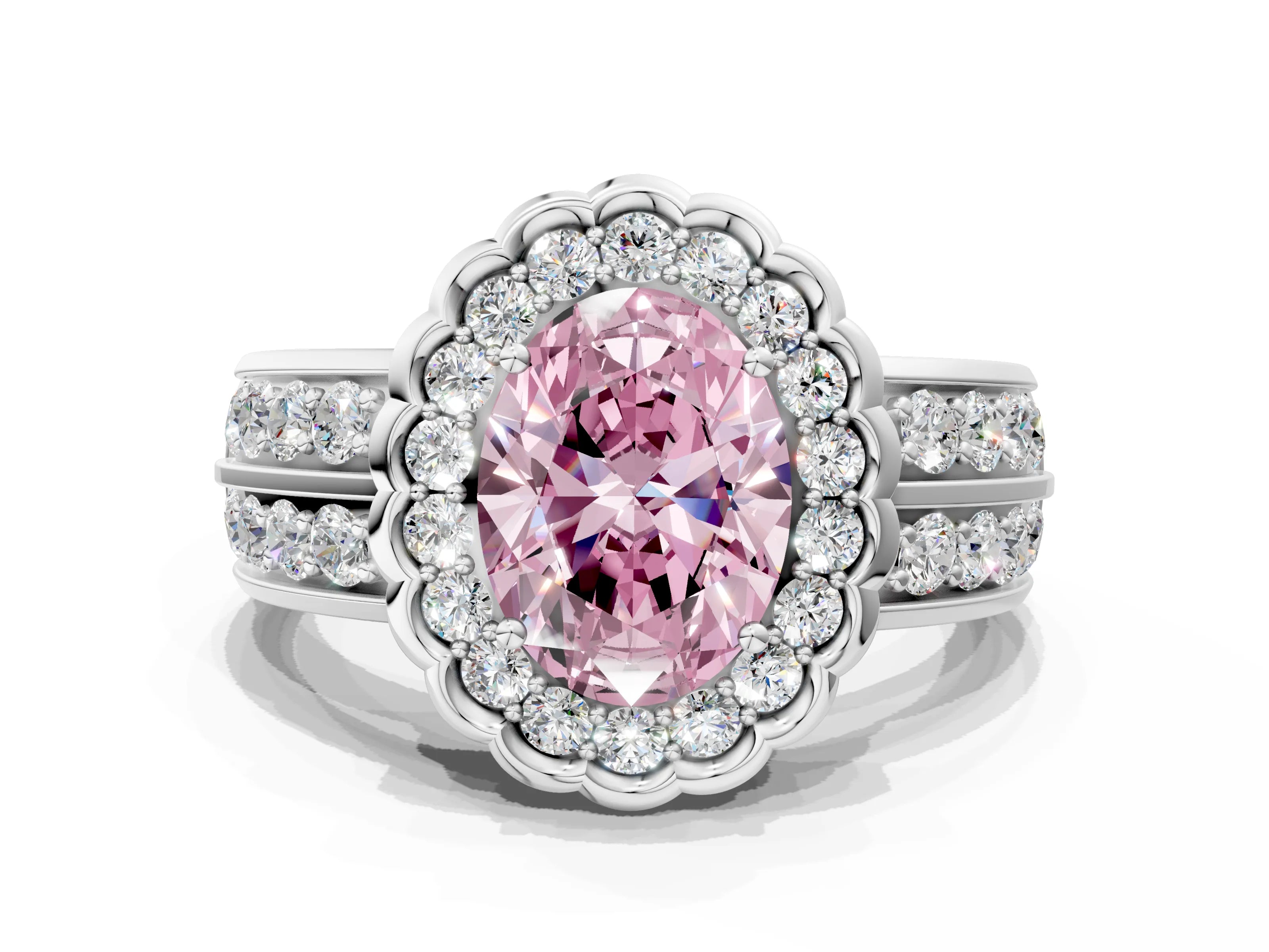 White gold Fancy Pink Oval Cut Halo Diamond Split Shank Ring with Scalloped Prong Setting_12