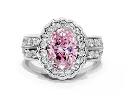 White gold Fancy Pink Oval Cut Halo Diamond Split Shank Ring with Scalloped Prong Setting_12