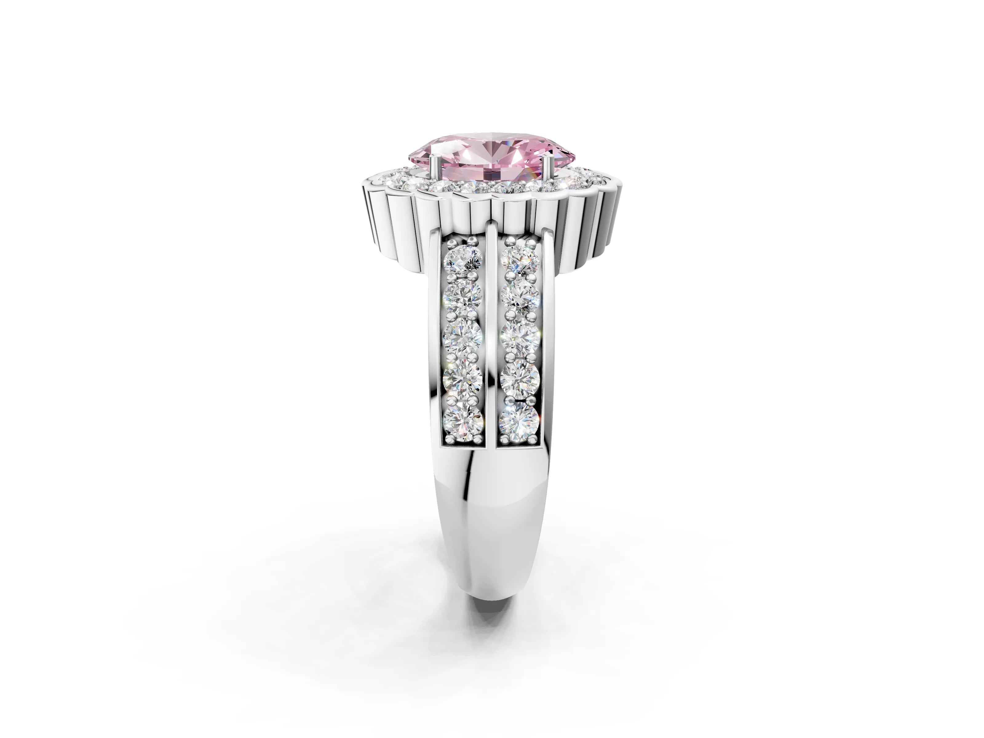 White gold Fancy Pink Oval Cut Halo Diamond Split Shank Ring with Scalloped Prong Setting_14