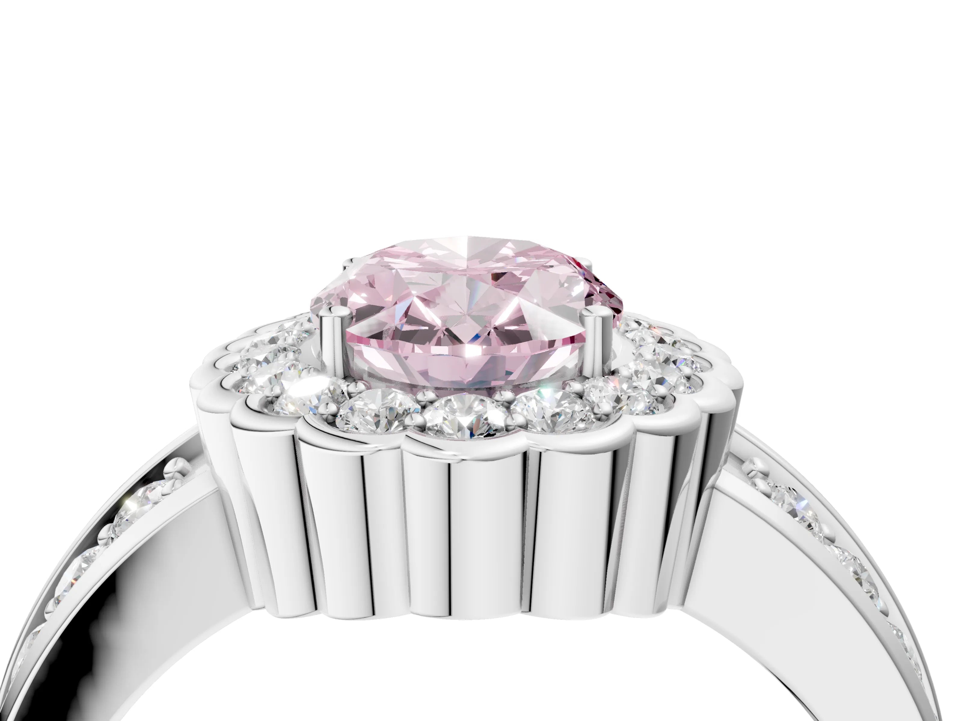 White gold Fancy Pink Oval Cut Halo Diamond Split Shank Ring with Scalloped Prong Setting_16