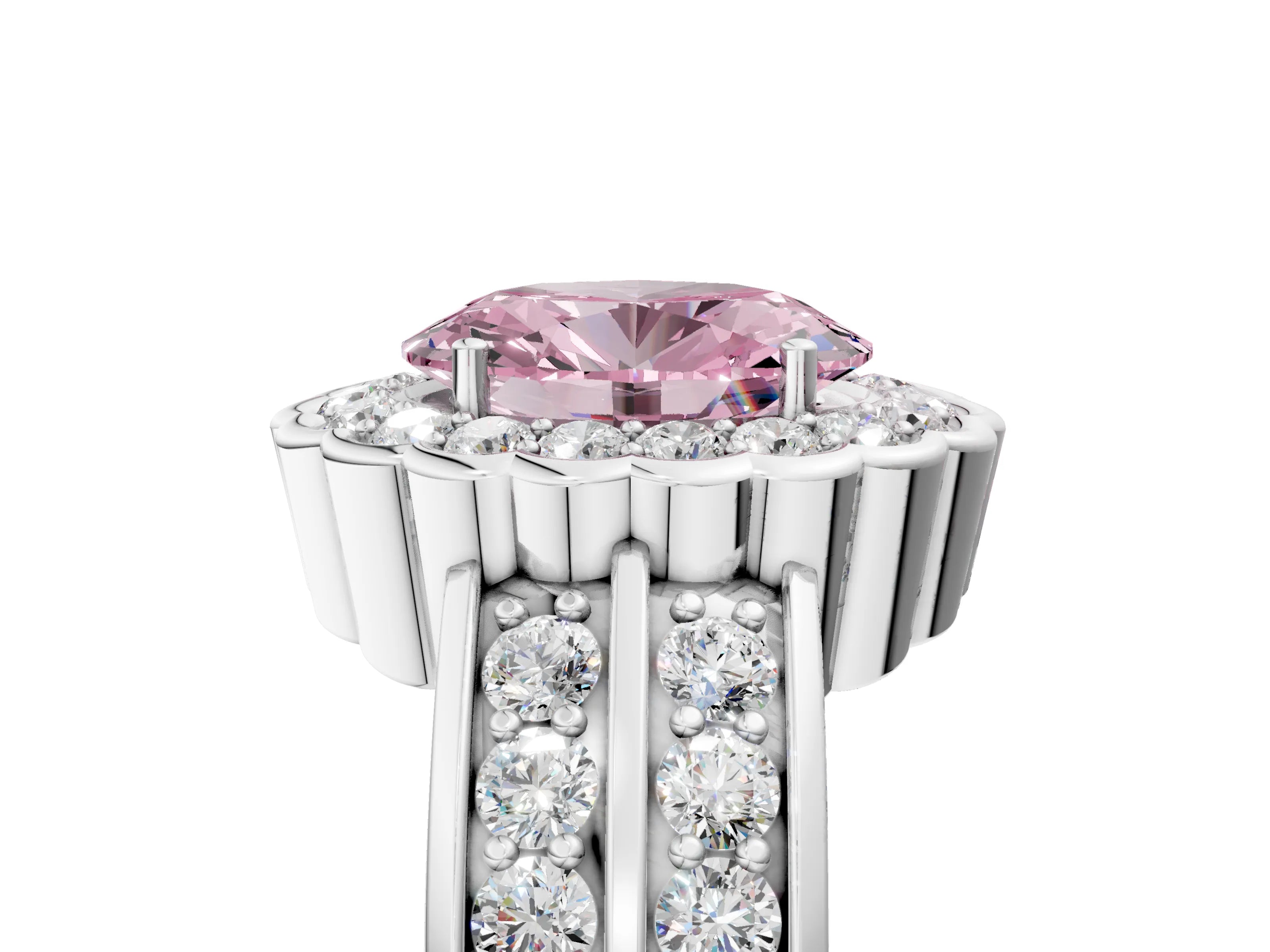 White gold Fancy Pink Oval Cut Halo Diamond Split Shank Ring with Scalloped Prong Setting_17