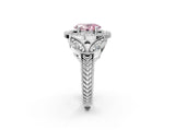 White gold Fancy Pink Oval Cut Halo Milgrain Diamond Engagement Ring with Leaf Band and Four-Prong Setting_2