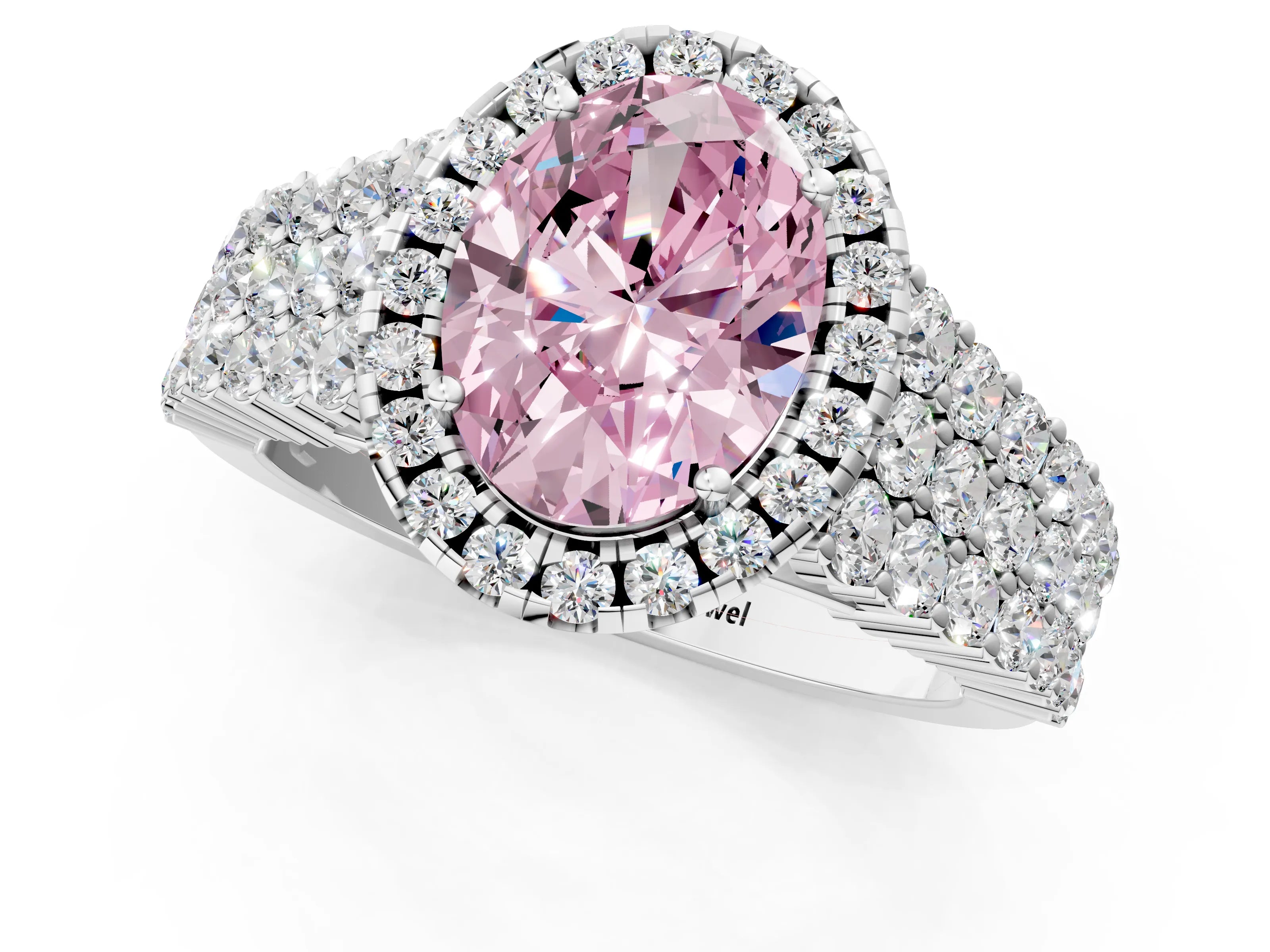 White gold Fancy Pink Oval Cut Halo Pavé Diamond Engagement Ring with Split Shank and Four-Prong Setting_4