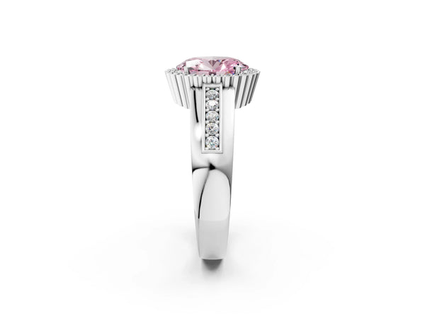 White gold Fancy Pink Oval  Cut Halo Pave Band Four-Prong Ring