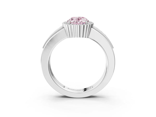 White gold Fancy Pink Oval  Cut Halo Pave Band Four-Prong Ring
