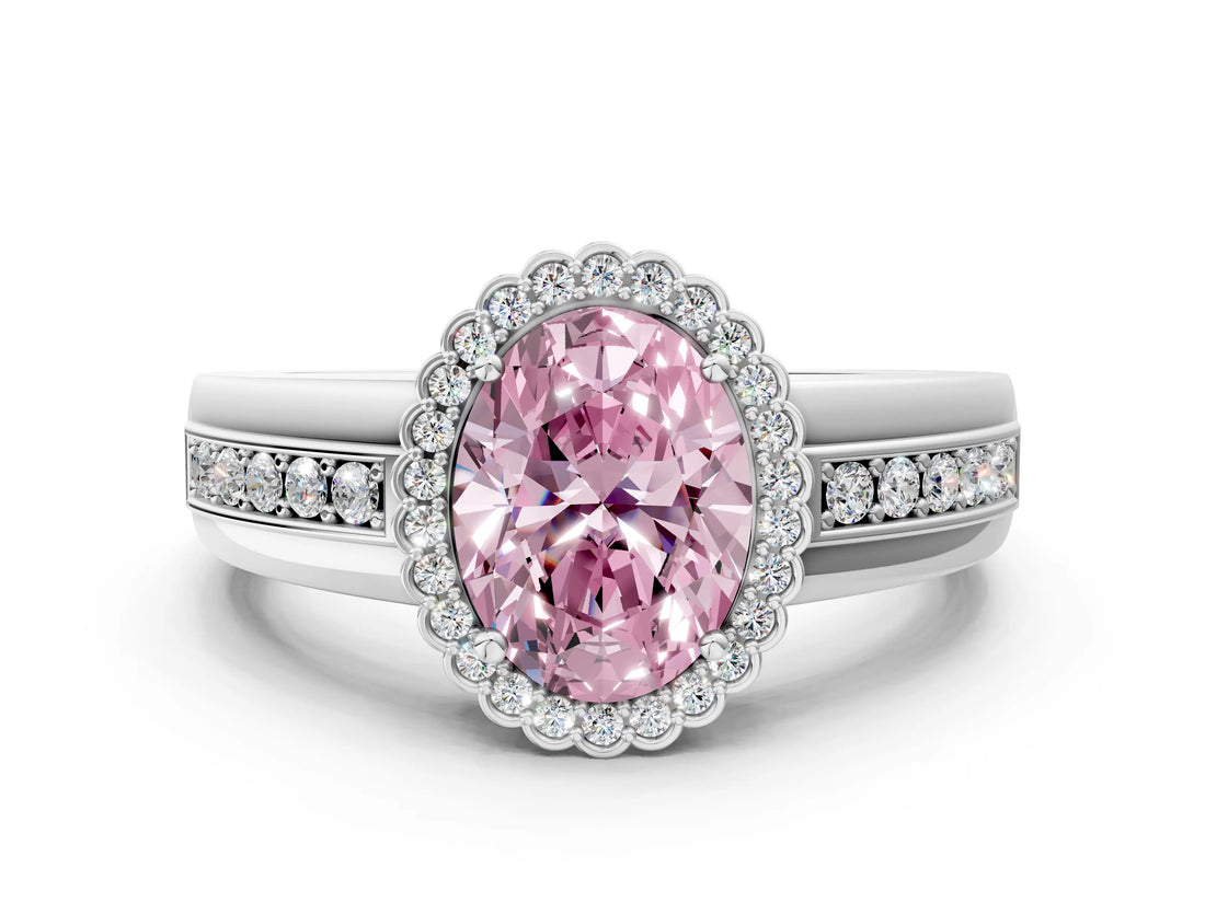 White gold Fancy Pink Oval  Cut Halo Pave Band Four-Prong Ring_81