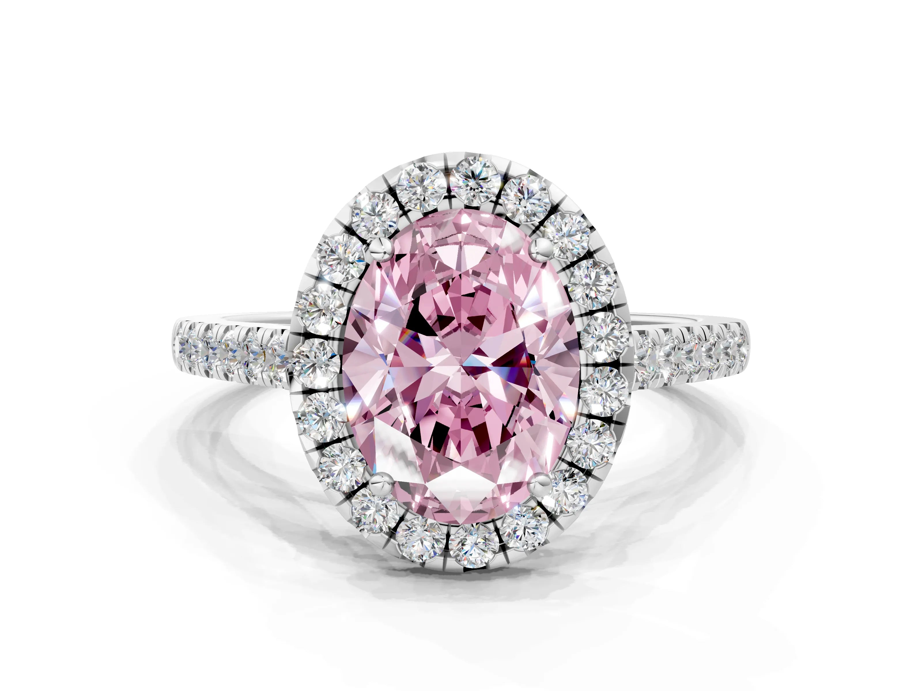 White gold Fancy Pink Oval Cut Halo Pave Diamond Engagement Ring with Four-Prong Setting