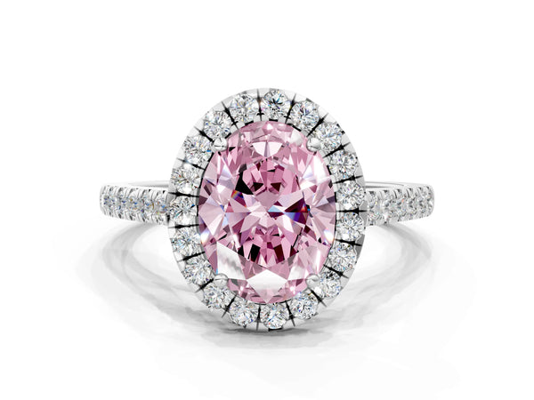 Platinum Fancy Pink Oval Cut Halo Pave Diamond Engagement Ring with Four-Prong Setting