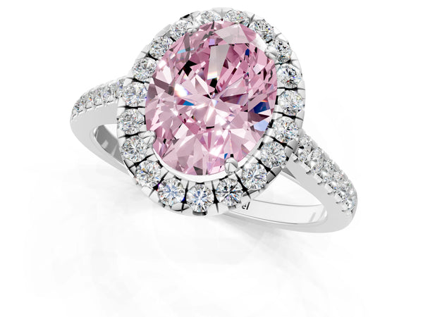 Platinum Fancy Pink Oval Cut Halo Pave Diamond Engagement Ring with Four-Prong Setting