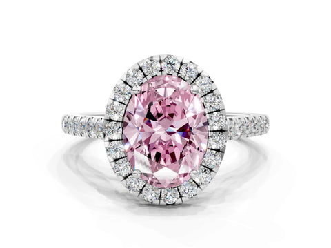 White gold Fancy Pink Oval Cut Halo Pave Diamond Engagement Ring with Four-Prong Setting