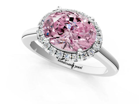 White gold Fancy Pink Oval Cut Halo Round Diamond Solitaire Engagement Ring with Pave Band and Four-Prong Setting_25