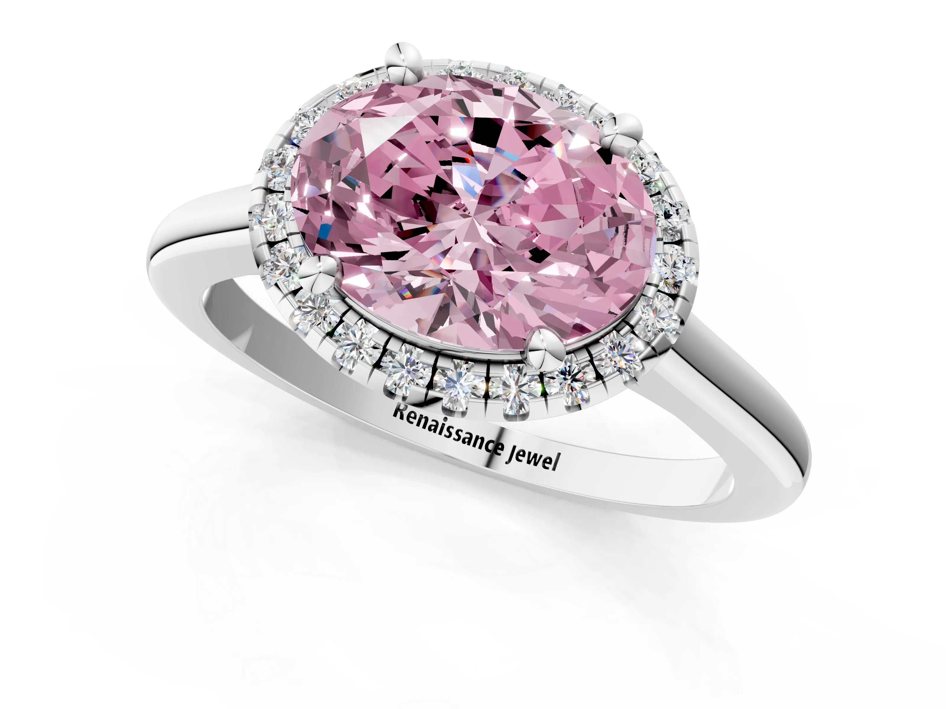 White gold Fancy Pink Oval Cut Halo Round Diamond Solitaire Engagement Ring with Pave Band and Four-Prong Setting_25